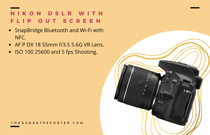 SnapBridge Bluetooth and Wi-Fi with NFC. AF P DX 18 55mm f/3.5 5.6G VR Lens. ISO 100 25600 and 5 fps Shooting.