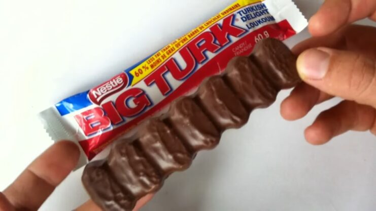 Big Turk candy bar with a chocolate coating over it