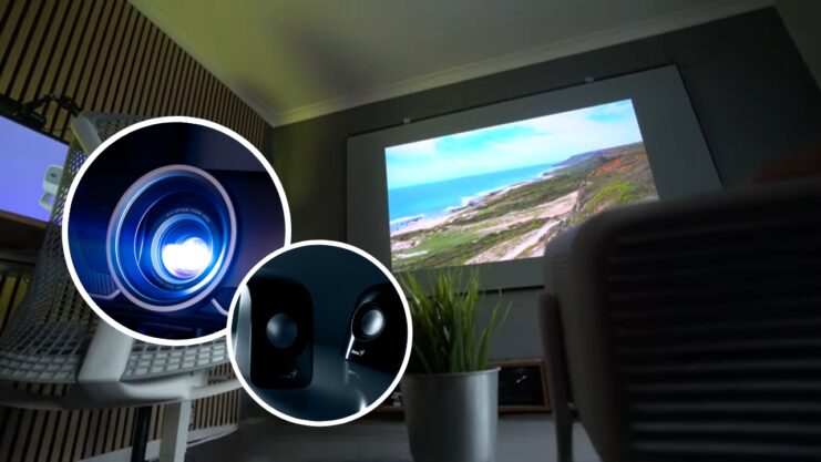 connect your speakers to the projector using cables